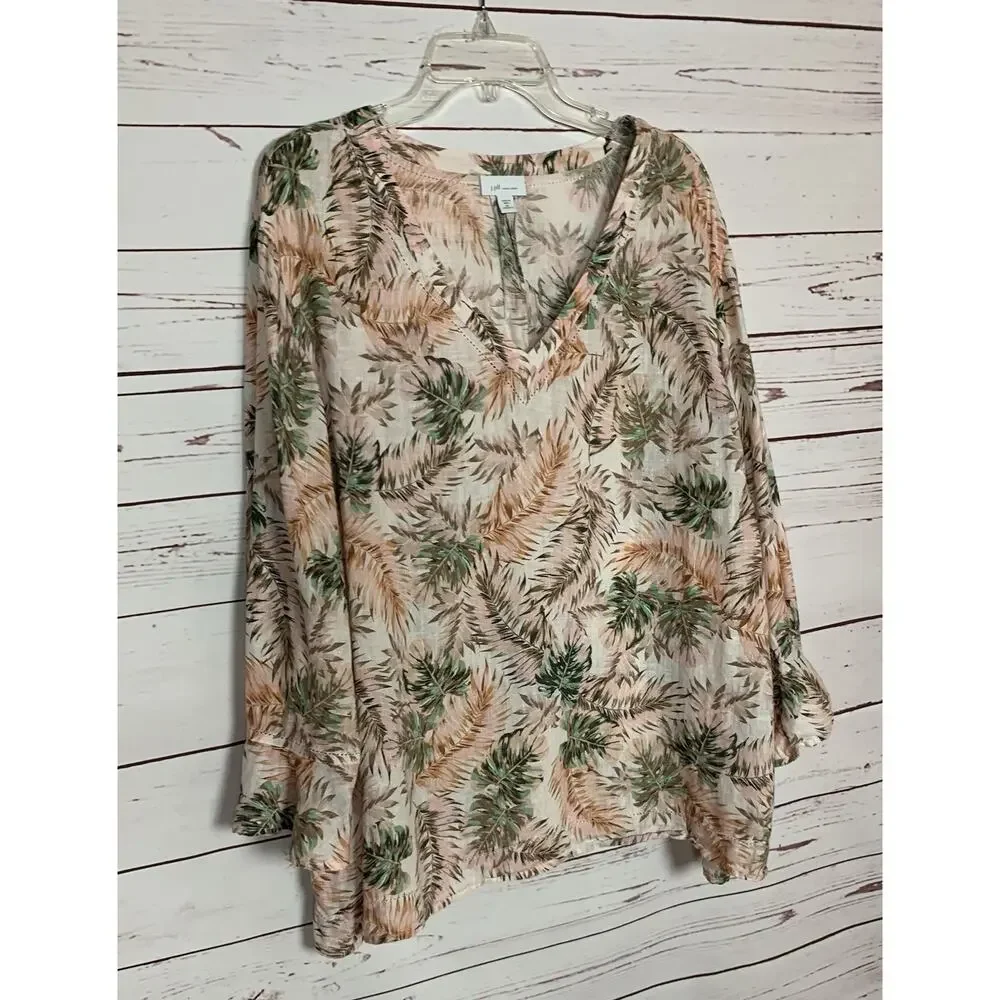 J.Jill Women's Plus Size 3X Pink Print 100% Linen Long Sleeve Summer Top Blouse